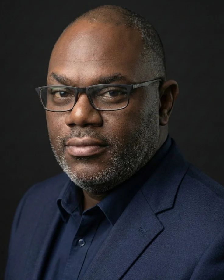 Portrait of Tayo in a navy jacket